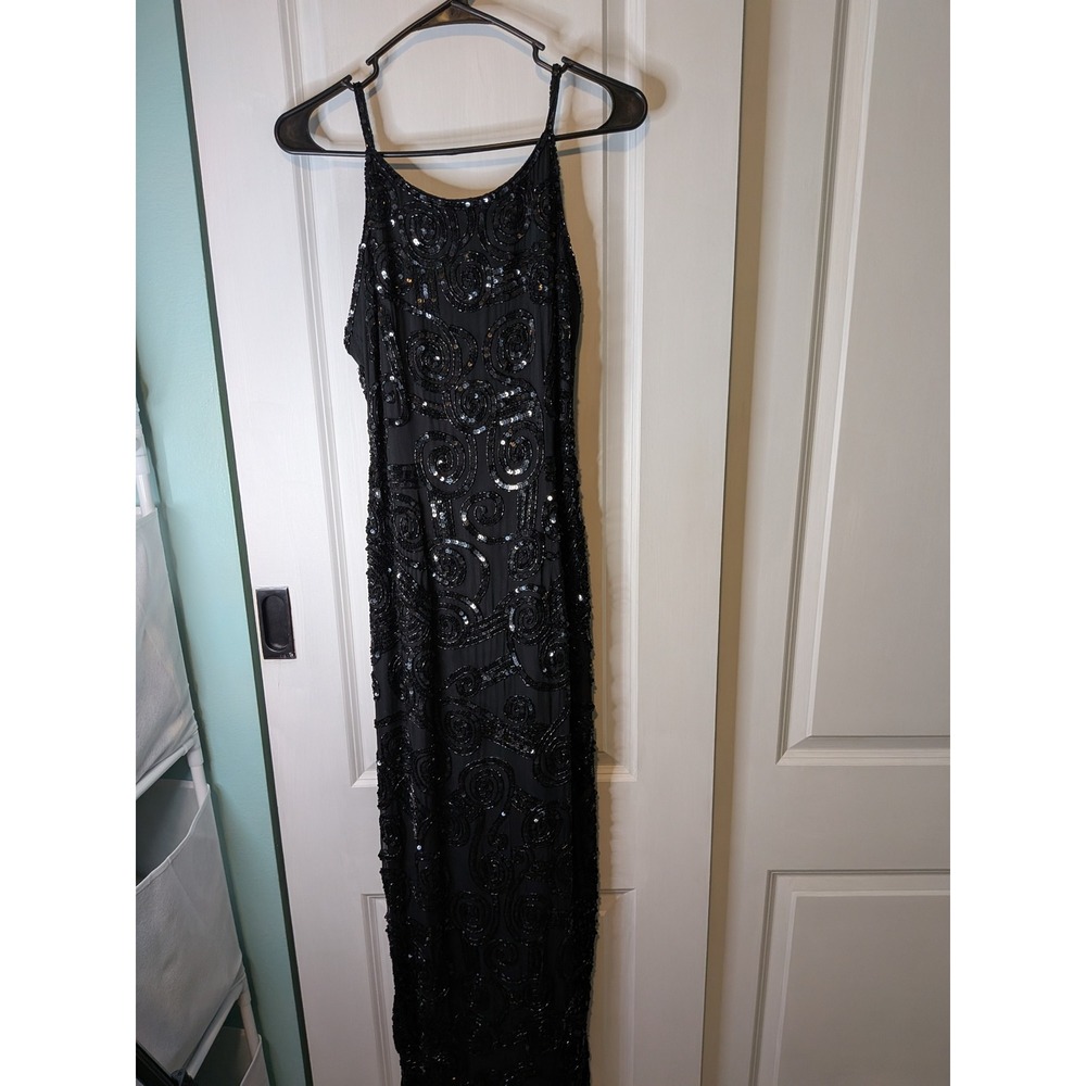 Black Tie Oleg Cassini Sequin Beaded Maxi Dress Black Art Deco Low Back Gown